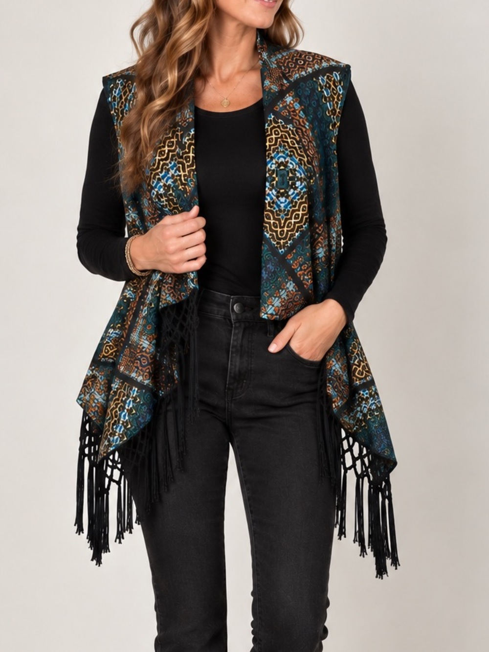 Wrangler Geometric Fringe Vest Boho Western Size M